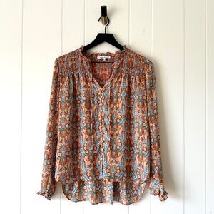 Rose + Olive Orange & Turquoise Medallion Print Smocked Blouse with Tie Neck